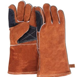 Heat Resistant Leather Gloves, Camping, Soft Leather Gloves, Work Genuine Leather, Wood Stove, Bonfire (Natural Brown)