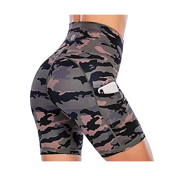 High Waisted Yoga Shorts for Women Pocketed Workout Shorts with Tummy Control Compression Shorts for Running Exercise Gym Black Grey Camo-S