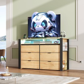 WLIVE 6 Drawer Dresser with Led Light, 50.79'' Wood Dresser for Bedroom with Power Outlets for 55'' TV, Modern Chest of Drawers for Closet, Hanging Rack, Double Wide Drawer for Living Room, Light Oak