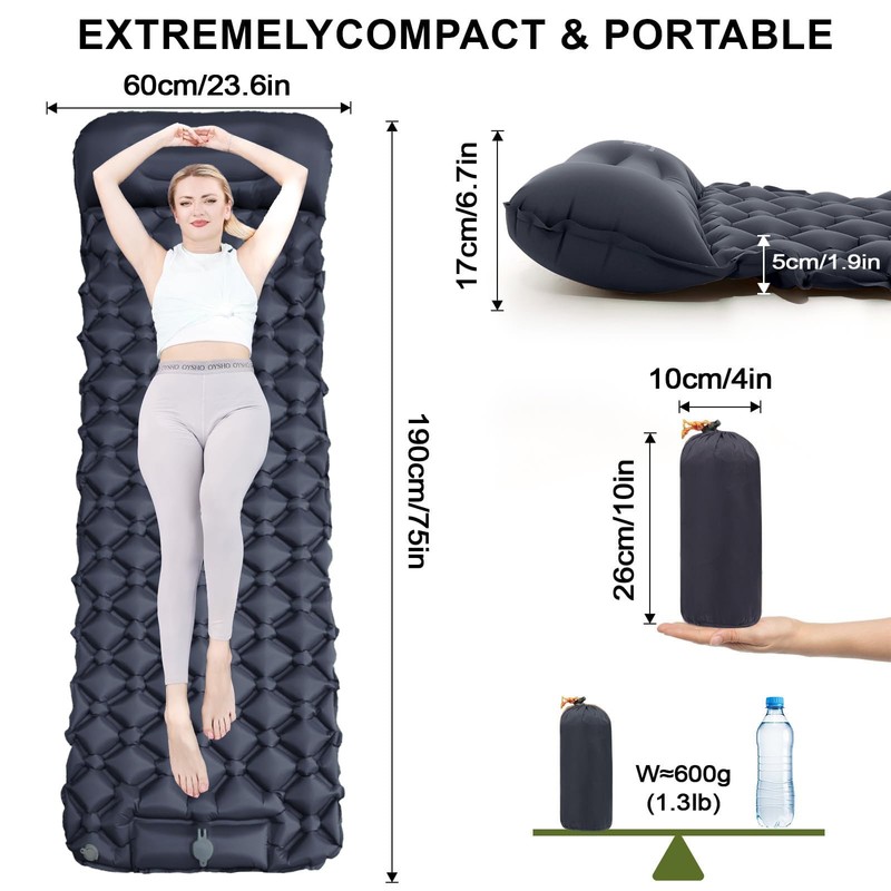 Camping Sleeping Pad, Ultralight Camping Mat with Pillow Built-in Foot