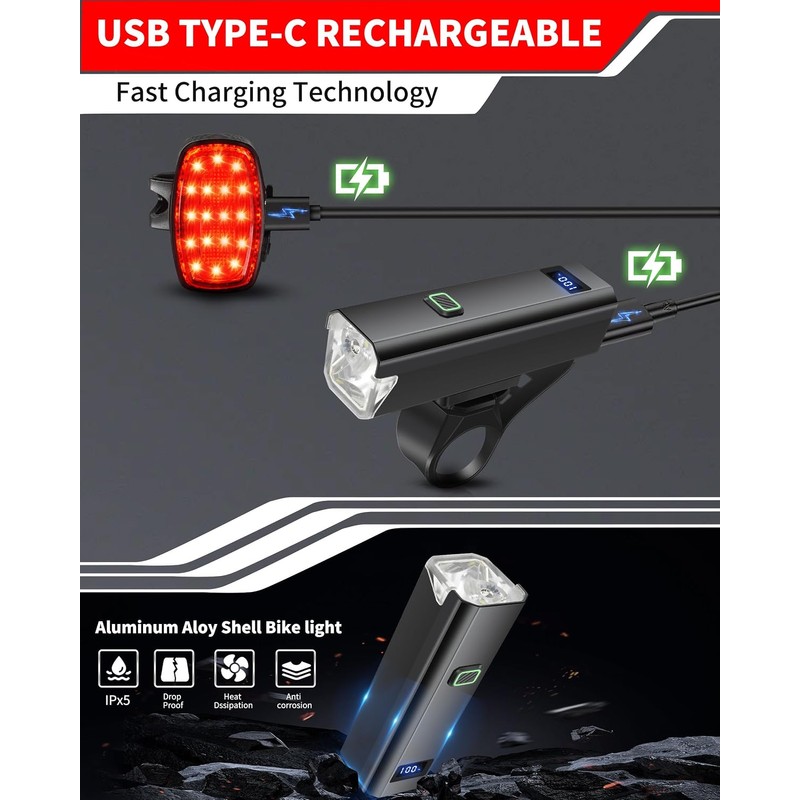 Bicycle Light Waterproof Bike Lamp Type-C Charging MTB Road Cycling