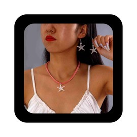 Enautoabs Bohamia Beach Starfish Necklace Earrings Set for Women Summer Necklace Sea Starfish Pendant Necklace White Starfish Dangle Earrings Set Pink Suede Necklace Jewelry(Pink Rope)