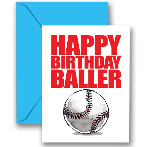 Play Strong Baseball Happy Birthday Baller Birthday Card 1-Pack (5x7) Illustrated Sports Birthday Cards Greeting Cards Awesome for Baseball Players, Coaches and Fans Birthdays, Gifts and Parties!