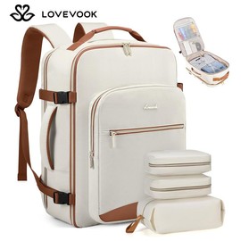 LOVEVOOK Colorblock Carry-On Travel Backpack with 3 Packing Cubes and Laptop Compartment - Personal Item,TSA-Friendly, Airline Approved Travel Bag for Hiking, Overnight, Weekend,Gift for Valentine's Day:_Grey-beige-black_40L