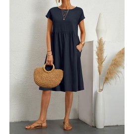 BIRW Dresses for Women 2025 Summer Cotton Linen Solid Loose Casual Dress Beach Vacation Midi Gauze Dress with Pockets Navy XL