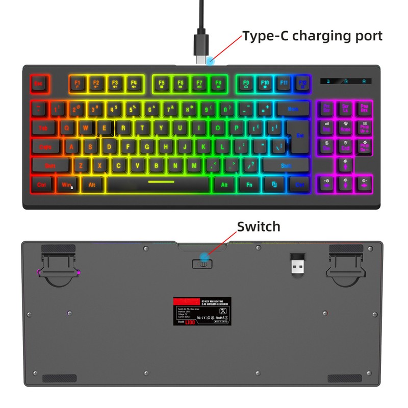 2.4G Wireless Keyboard 87 Keys RGB Backlight 1800mAh Battery Office