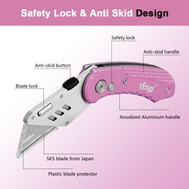 Vickay Box Cutter Utility Knife Heavy Duty with 5 SK5 Quick Change Blades, Safety Axis Lock Design Razor Knife, Lightweight Aluminum Body Belt Clip for Office (Pink)
