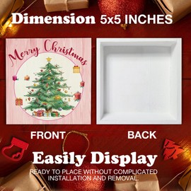 Pink Christmas Decor, Merry Christmas Wooden Sign Home Decor, Christmas Tree Wooden Block Sign, Christmas Decor for Table Shelf 5 x 5 Inch