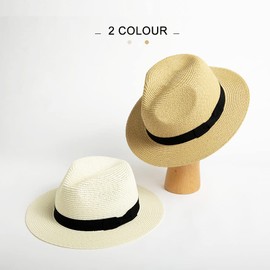 Comhats Straw Fedora Panama Hats for Men Women Summer Beach Sun Hat for Ladies UPF Wide Brim Packable Travel w/Black Band Beige L