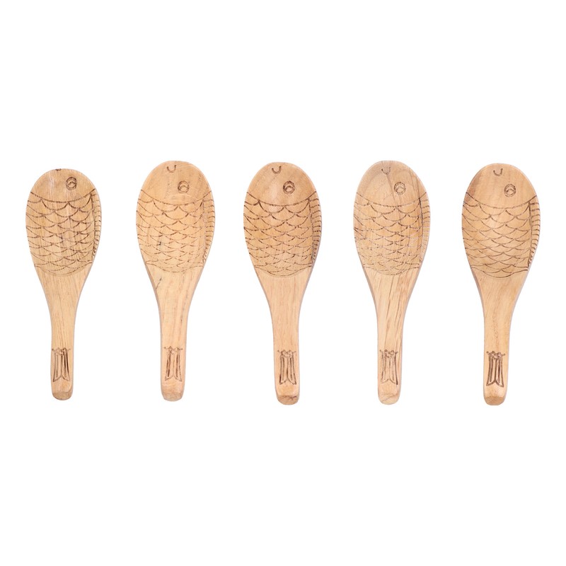 5Pcs Soup Spoon Fish Shaped Carved Wooden Rice Spoon Kitchen