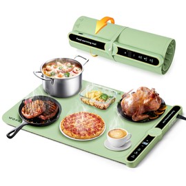 Food Warming Mat - Warming Mat For Food with Fast Heating - Electric Warming Tray with 9 Temperature Levels and 6 Hours Timer - Silicone Warming Tray - Roll Up Food Warmers for Parties Buffet - Green