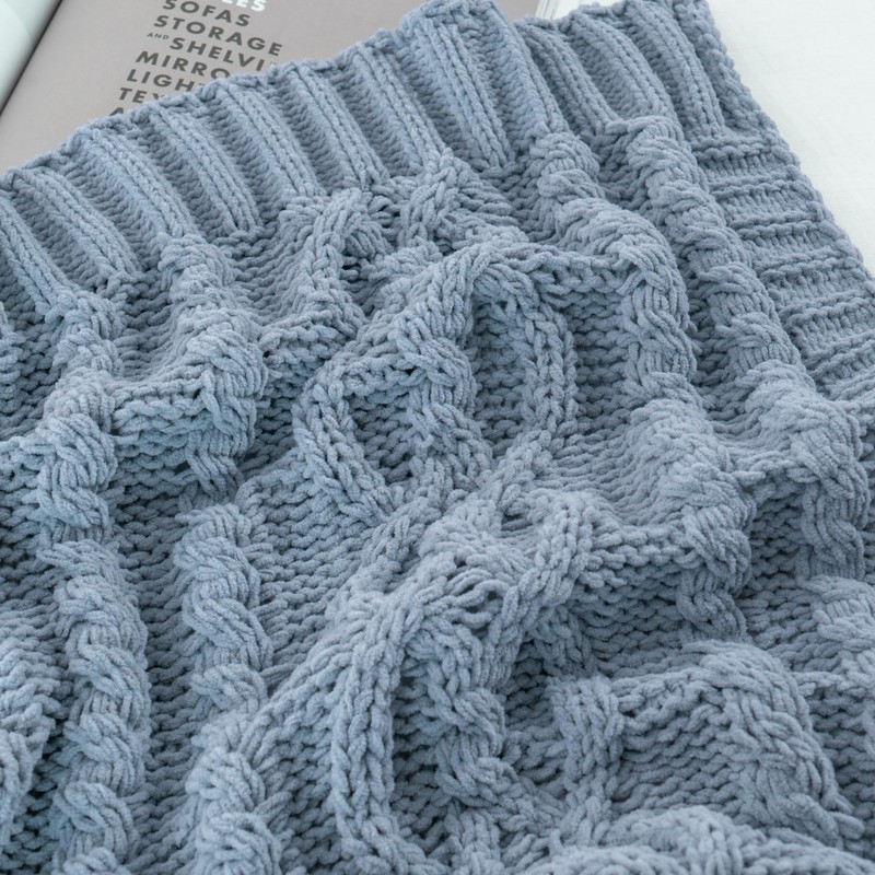 Battilo Bluish Grey Throw Blanket for Couch, Woven Chenille Blue