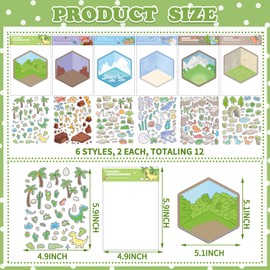 12Pcs 3D Dinosaur Stickers Scene for Kids Jungle Wasteland cave Ocean Volcano and Other Scene Design Make Your Dinosaur Sticker Scene Art Craft DIY Birthday Party Games Class Activities