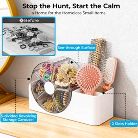 Organizador de accesorios para el cabello con estuche giratorio de 5 secciones Soporte para peine de 2 ranuras y cepillo para el cabello Lindo cajón de tocador para el baño para horquillas, clips