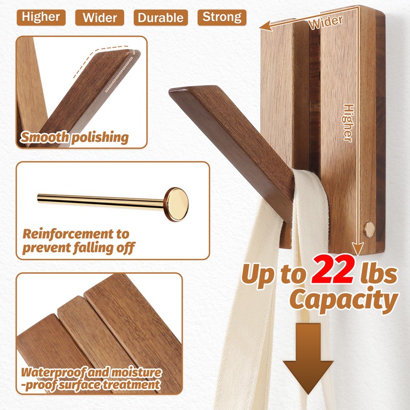 KYIAANY Foldable Wall Hooks 2Pack: Rustic Wooden Coat Hooks Mounted