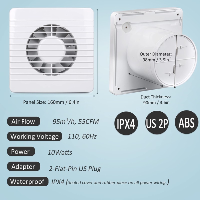 Hose Vary 4 Inch Wall-Mounted Exhaust Fan, Small Bathroom Fan,