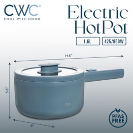 COOK WITH COLOR Electric Hot Pot, 1.6L, 700W, Ceramic Non-Stick Mini Cooker, Dual Voltage with Safety Thermal Cut-Out, Ideal for Rice, Noodles, Soup, Dorms, Colleges, Apartments, Slate Blue