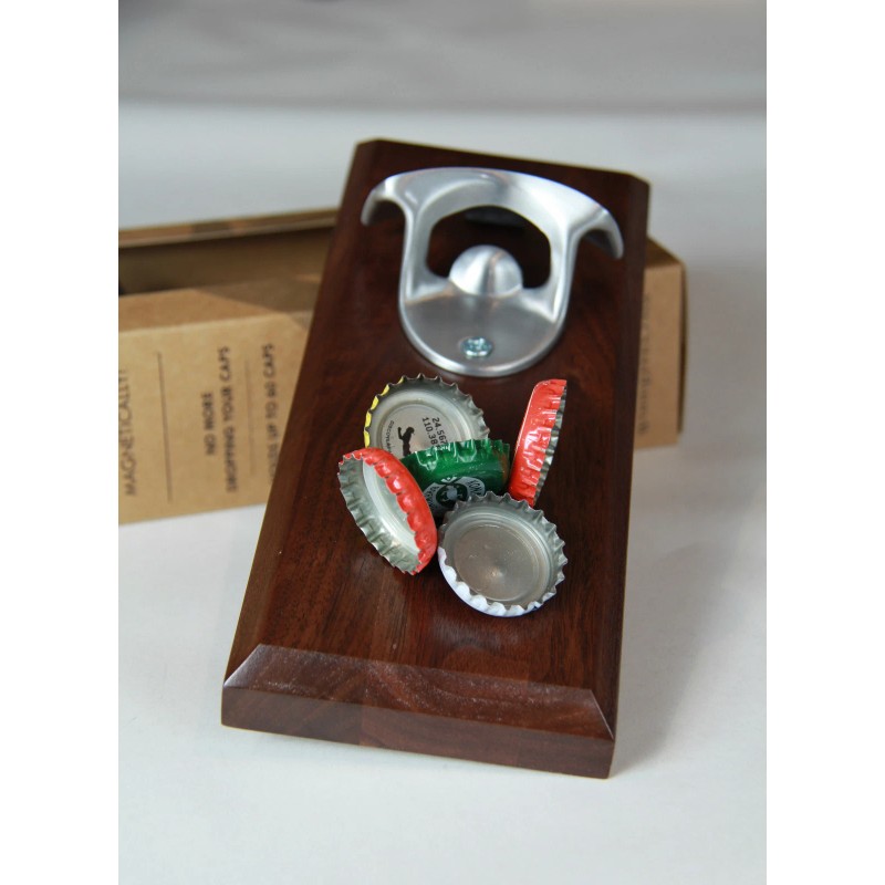 WoodEffex Bottle Opener Magnetic Cap Catcher - Handmade Walnut w/Brushed