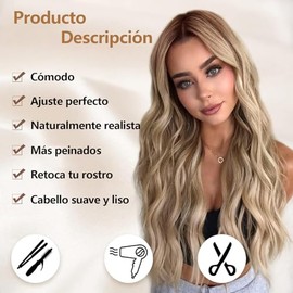 Pelucas para Mujer Cabello Natural 26 pulgadas, Peluca Ombre Rubia Negra Ondulada, Fibra de Alta Calidad, Resistente a Altas Temperaturas y Se Puede P
