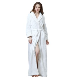 Hellomamma Womens Long Robe Soft Warm Fleece Plush Bathrobe Ladies Sleepwear Pajamas Housecoat Nightgown White Small-Medium