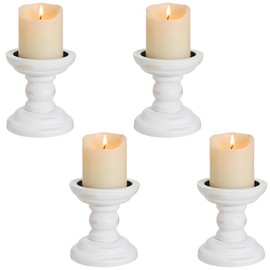 4 Pcs Wood Pillar Candle Holder Rustic White Candle Holder Table Centerpiece Decor Wooden White Farmhouse Decorations for Fireplace Mantle