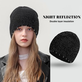 TTPSRY Women's Beanie Hat Reflective Knitted Hat Warm Windproof Unisex Ideal for Outdoor Sports Night Activities Autumn Winter Running Hiking Cycling, Black with beads