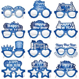 Lonfliness 24 Set Happy New Year Glasses Kit Blue Silver New Year Glasses 2025 New Year Eve Party Supplies New Year Photobooth Props for New Year Masquerade Birthday Dress-Up Party Favor Home Activity