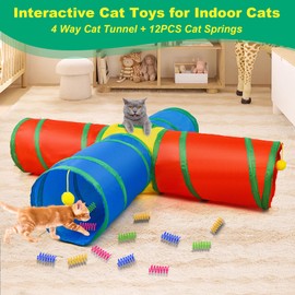 ZeyZoo Cat Toys, Cat Tunnel 4 Way Collapsible, Interactive Christmas Tunnels for Indoor Cats, 12 PCS Cats Springs Toy Kitty Kitten Toys Pack, Rabbit Tunnel Tube with Peephole, Large Rainbow Tunnels