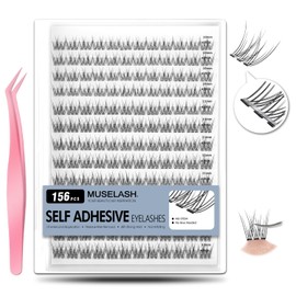 No-Stem Self Adhesive Lash Clusters No Glue Needed Eyelash Extensions 156pcs Soft Natural Individual Lashes No Band Pre Glued DIY Eyelashes with Lash Tweezer 10-12mm