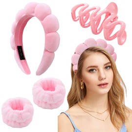 LOVNFC spa headband for washing face Pink set with 1 makeup headband & hair claw clips & 2 wrist band for women make up cute fluffy skincare headband christmas gift set for girls