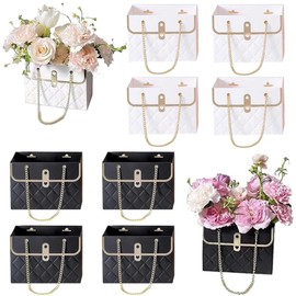 8PCS Flower Paper Gift Bag, Bouquet Storage Bucket Florist Handbag with Metal Chain, Gift Craft Wrap Bag for Wedding Party Valentine's Day Birthday Mother's Day Bridal Shower Gift Wrap Bags (Black White)