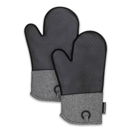 Frigidaire Sasha Cotton and Silicone Oven Mitts, Heat Resistant, Anti-Slip, Machine Washable, 13”x 7 “,Black, Set of 2