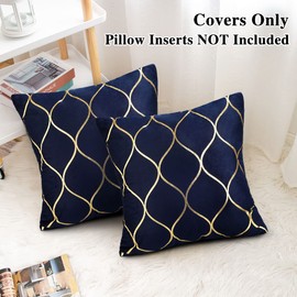Hanrunsi Navy Blue Cushions Cover Dark Blue with Gold Pillow Covers 16 x 16 Velvet Square Decorative Cushions Set of 2 for Living Room Sofa Chairs