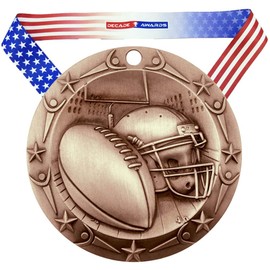 Decade Awards Football World Class Engraved Medal, Bronze - 3 Inch Wide Gridiron Third Place Medallion with Stars and Stripes American Flag V Neck Ribbon - Customize Now