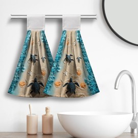 Cneztholim Sea Turtle Hanging Kitchen Towels Summer Ocean Tie Towels Beach Tortoise Hanging Hand Towel Nautical Seashell Hand Towel with Loop Coastal for Bathroom Set of 2 Home Decor 17x12