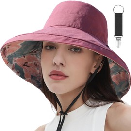 vidsel Womens Sun Hats Wide Brim Reversible Bucket Cotton Hat Packable Summer Travel Cap with Hat Clip,UV Protection Red