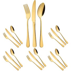 Gold Flatware Set for 6 Rustproof Stainless Steel Silverware Cutlery 18 Pcs Golden Dinner Knife Forks and Spoons Dinning Tableware Utensils for Home and Restaurant Lunch Dinner