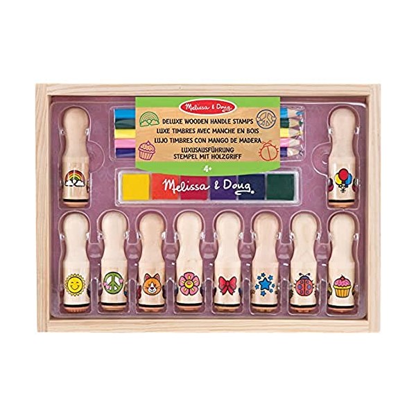 Melissa & Doug Wooden Handle Stamp Set with Colouring Pencils for Children, Arts and Crafts for Kids Age 4+, Wooden Stamps for Kids, Toys for Boys & Girls Gifts, Kids Art Set Gift for 4 Year Old