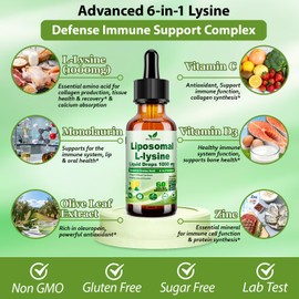 L-Lysine 1000mg Liquid Drops w. Monolaurin Olive Leaf Extract Vitamin C D3 & Zinc, 6-in-1 Essential Amino Acid Supplement for Immune Collagen Lip & Oral Health, Liposomal Lysine for Better Absorption