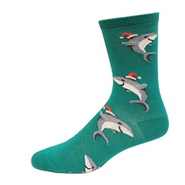 Hot Sox Men's Shark with Santa Hat Crew Sock 1 Pair Pack, Green, M/L