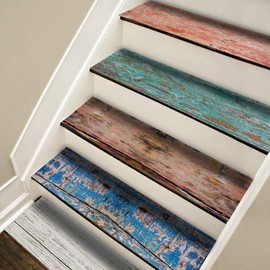 funlife 14 PCS Self Adhesive Stair Stickers, Peel and Stick Vinyl Stair Risers Staircase Murals Decals Sticker Decor for Steps, 39.37"x7.09", Faux Weathered Color Wood