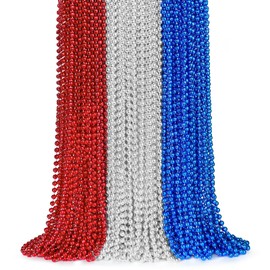 ZYFLSQ 100PCS 4th of July Bead Necklace, 33" 7mm Independence Day Bead Necklaces Bulk, Metallic Red/Silver/Blue Beaded Necklaces, 4th of July Accessories for Patriotic Parade Party Favors Decorations