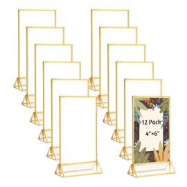 12 Pack Gold Acrylic Sign Holders 4x6 Double Sided Table Number Stand Clear Picture Holder Photo Frame Display with Vertical Stand for Wedding, Restaurant Menu, Art Event Accessories