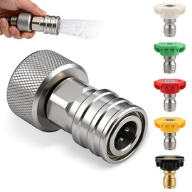Garden Hose to Mini Power Washer Adapter-3/4 GHT to 1/4", Stainless Steel, Garden Hose Pressure Washer Attachment, Convert Water Hose to Power Washer Connector (Connector +5 Nozzle Set)