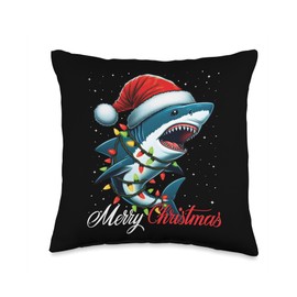 Shark Santa Hat Merry Christmas Lights Xmas Snow Throw Pillow
