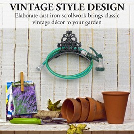 MyGift Wall Mounted Garden Hose Holder, Vintage French Floral Scrollwork Black Cast Iron Water Hose Rack, Decorative Fleur-De-Lis Pattern Hook for Hanging Gardening Hose Reel