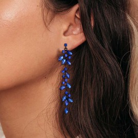 EVER FAITH Rhinestone Crystal Chandelier Earrings for Women, Costume Jewelry Art Deco Marquise Bridal Long Dangle Earrings for Prom Navy Blue Black-Tone