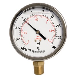 4" Oil Filled Vacuum Pressure Gauge - Stainless Steel Case, Brass, 1/2" NPT, Lower Mount Connection, 30HG/30PSI