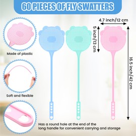 WILLBOND 60 Pieces Fly Swatter Plastic Fly Swatters Heavy Duty Colorful Strong Flexible Manual Fly Swat Set Plastic Durable Fly Swatter Long Handle Manual Swat Flies