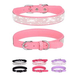 Dog Collar for Small Dogs, Adjustable Leather Suede Bling Dog Collars，Pink Dog Collar Cat Collar, Rhinestone Dog Collar(S, Pink)